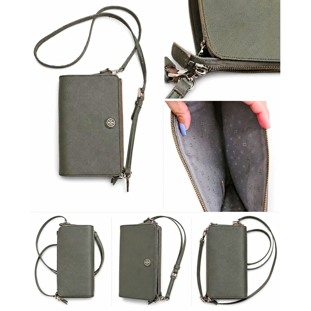 Tory Burch Gray Pebbled Zip Crossbody Wristlet Wallet Bag w/ Detachable Strap